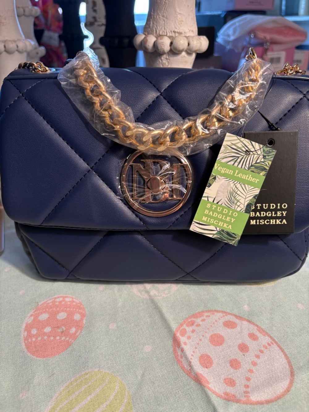 Badgley Mischka Navy Quilted Crossbody with Gold Chain